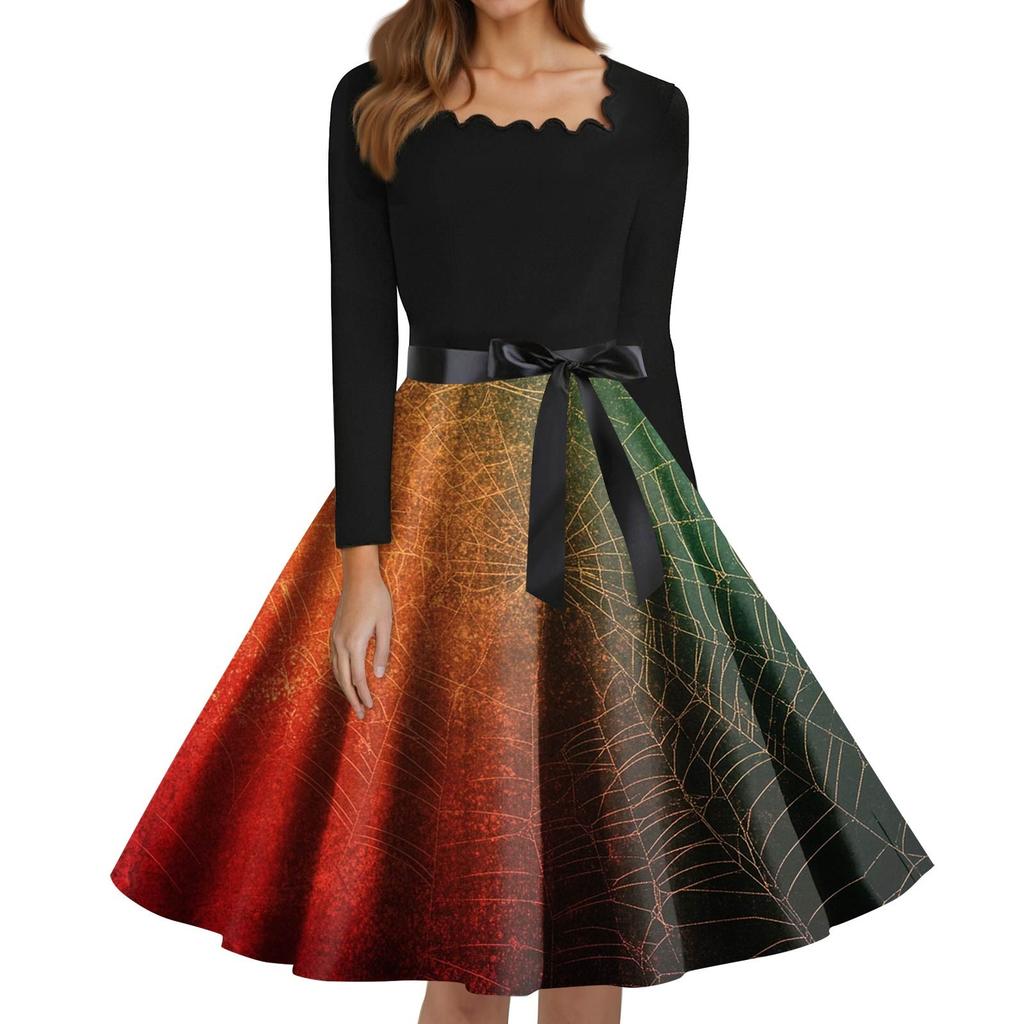 Women's Fashion Square Neck Casual Slim Halloween Printed Long Sleeve Dresses