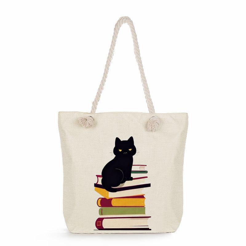 Multifunctional Black cat  Printed Thick Rope Shoulder Beach Bag 7579