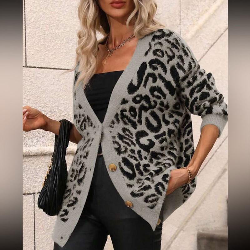 Womens Oversized V-Neck Leopard Print Knit Cardigan Long Sleeve Casual Sweater Winter
