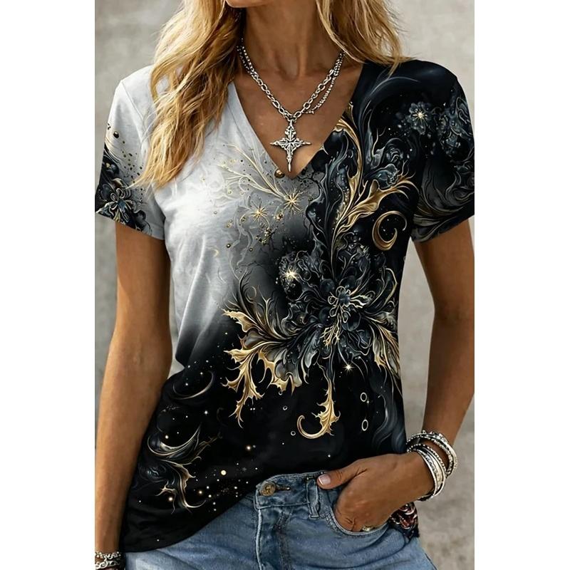 Women's Fantasy Floral Print V-Neck T-Shirt, Casual Short Sleeve Tops, Magic Style for Daily Wear
