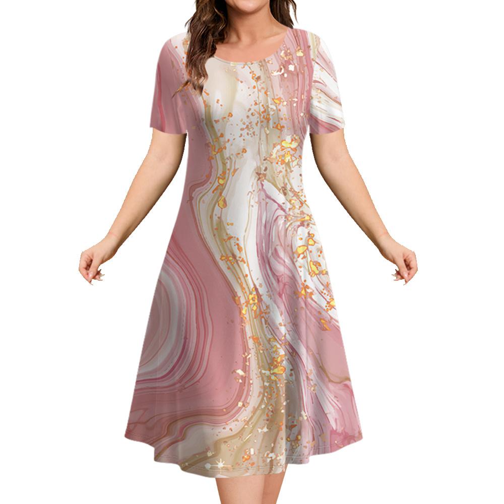 2026 New Summer Loose A-line Dress 3D Printing Short-sleeved Women s Evening Dress Women s Elegant Fashion Round Neck Dress S