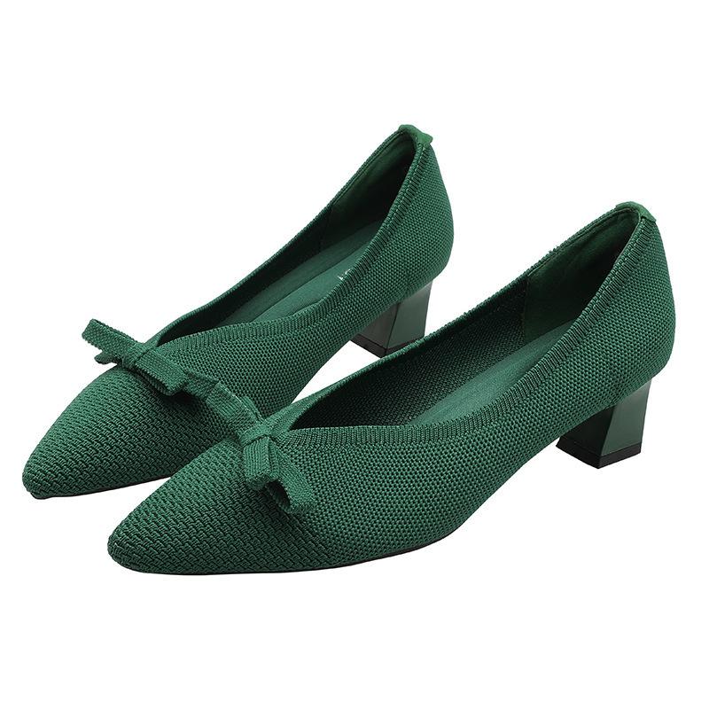 

Сказочные туфли на высоком каблуке весна и осень новая универсальная толстый каблук высокий каблук для通勤 женская обувь вязаная обувь одинарная обувь женская 40 темно-зеленого
