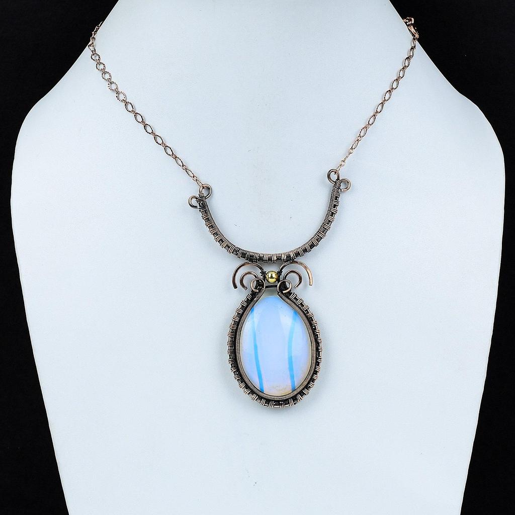 Milky Opal Necklace Copper Wire Wrapped Necklace Adjustable Necklace Gemstone Necklace Copper Wire Wrap Jewelry Handmade Necklace For Gift