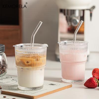 1/2PCS 450ml Tasse en Verre Rayée Tasses à Boire en Verre Transparent Avec Couvercle et Paille Tasse à Café Glacé Thé Tasse à Jus Verre à Lait Eau