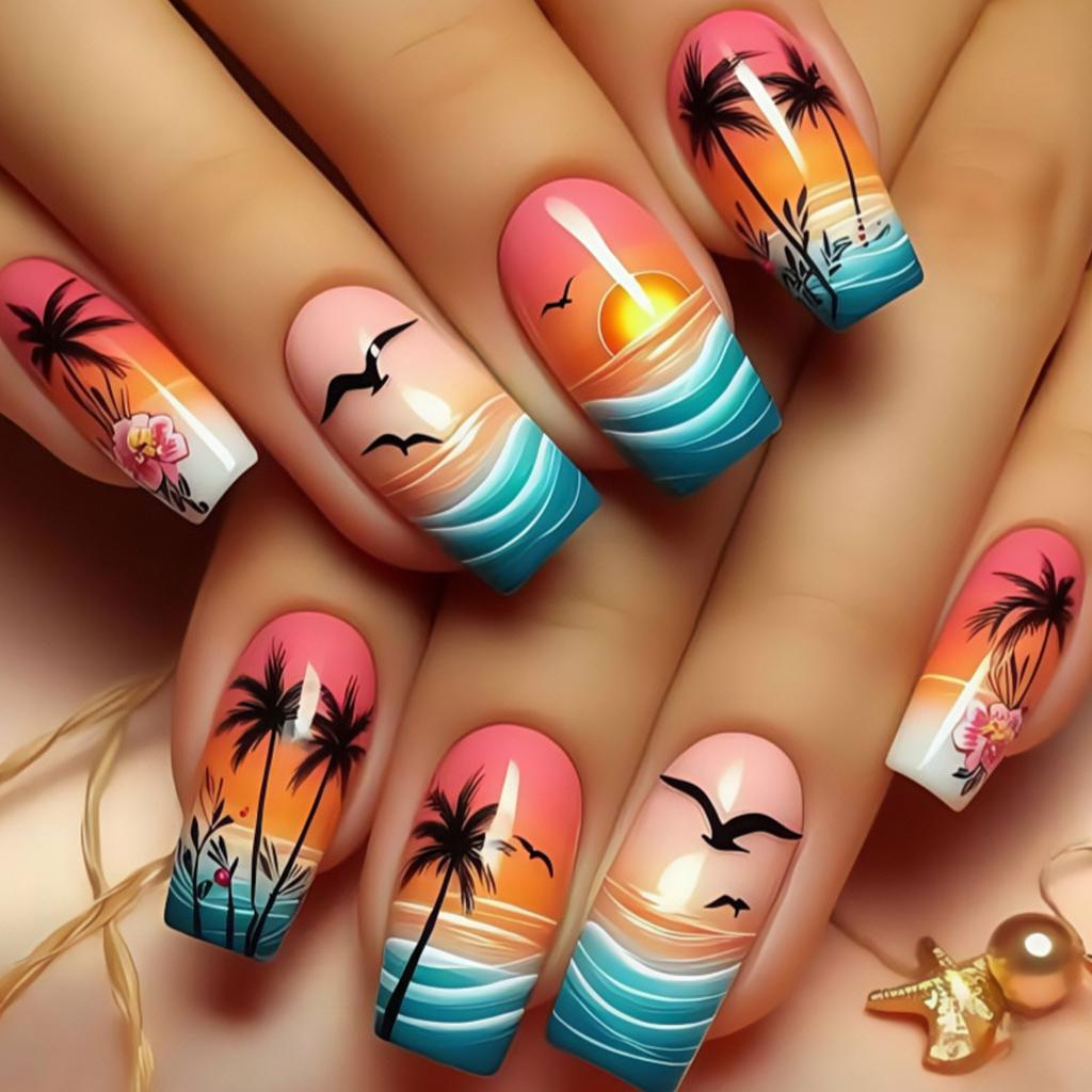 24 Pcs Seagulls Artificial Nail Medium Square Full Cover False Nail Glossy Stick on Nail Coconut Tree Press On Nail