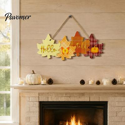 Farmhouse Seasonal Door Hanger Autumn Welcome Sign with Hanging Rope for Front Door, Rustic Maple Leaf Shape Wood Pendant Decor Pumpkin And Butterfly