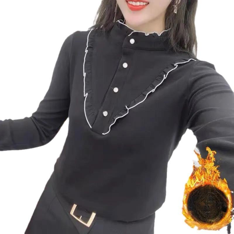 

Женский бархатный утолщенный и сетчатый утолщенный осенне-зимний, женский с черными ушками, футболка с воротником-стойкой на пуговицах, однотонная с длинным рукавом 5XL