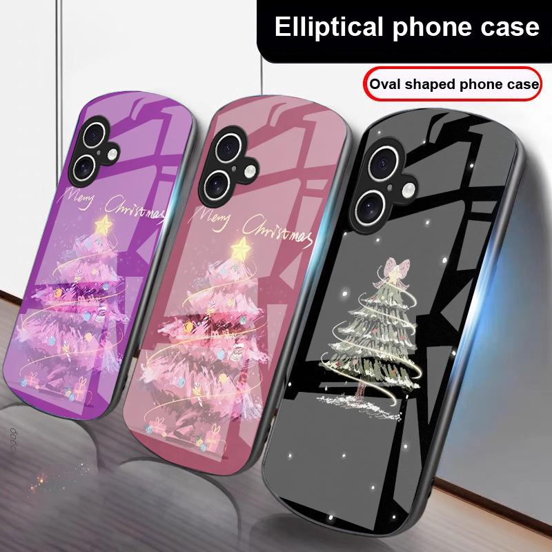 Decorated Christmas Tree For iPhone 17 16 15 14 13 Plus 12 Mini 11 Pro Max XR Xs Max X 7 8 6S 22 20 Elliptical Glass Phone Case
