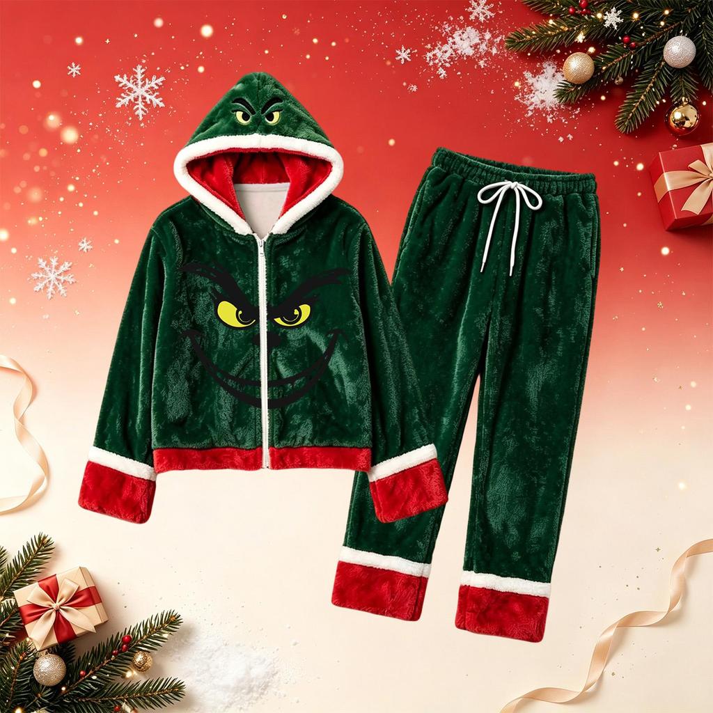 Women's Loose Fit Christmas Print Lined Hooded Pajama Set with Straight Leg Pants