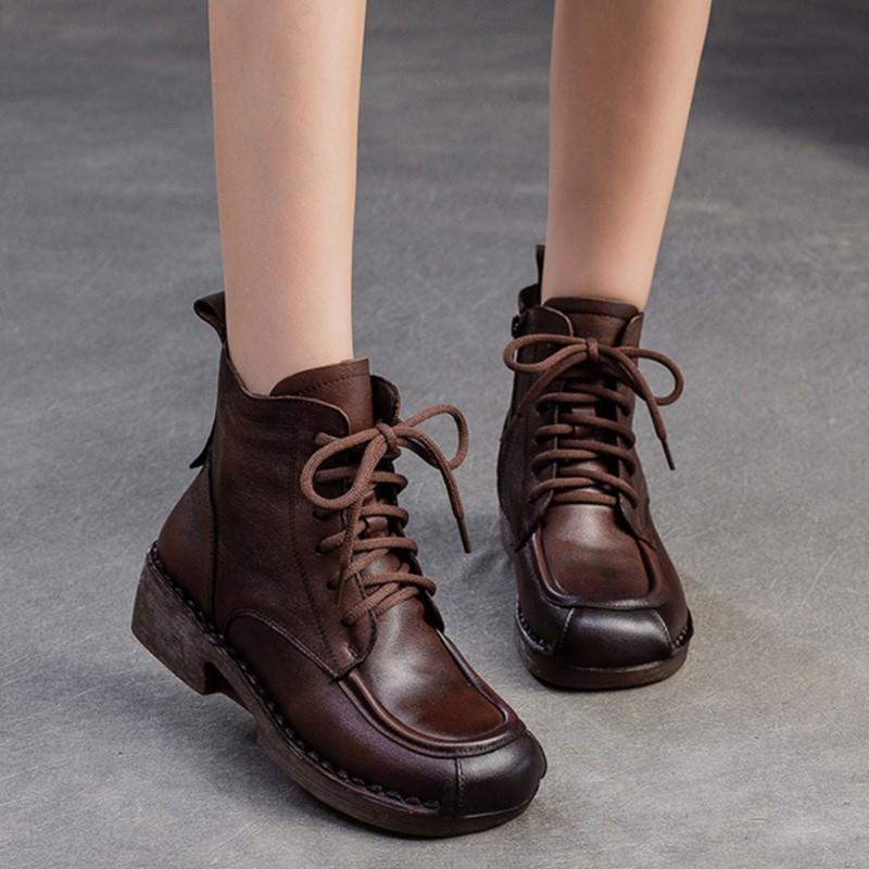 Johnature Universalūs apvalianos nosies šoniniu užtrauktuku retro trumpi aulinukai, paprastas storas kulnas, kasdieniai moteriški batai