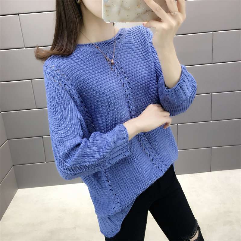 

Летний простой ажурный вязаный свитер женский пуловер свободный темпераментный элегантный рукав три четверти круглый вырез топ женский average size 55-83 синий