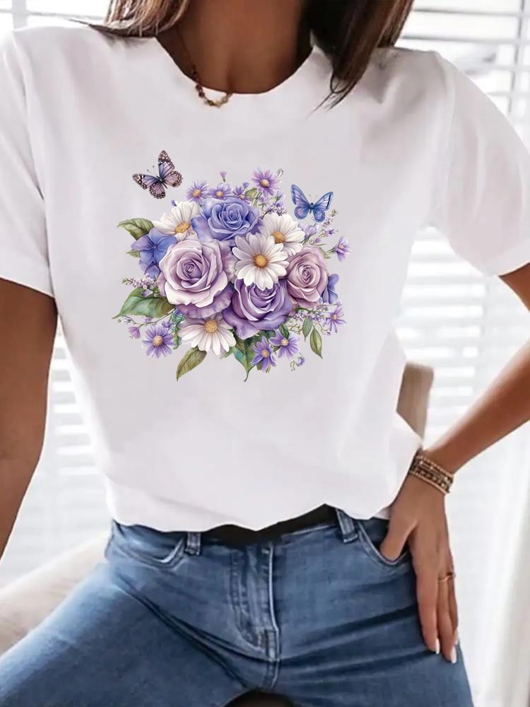 (Asian Size) Clothing T Shirt Woman Women Sweet Flower Floral  Fashion Tee Top Print Female Short Sleeve Graphic T-shirts