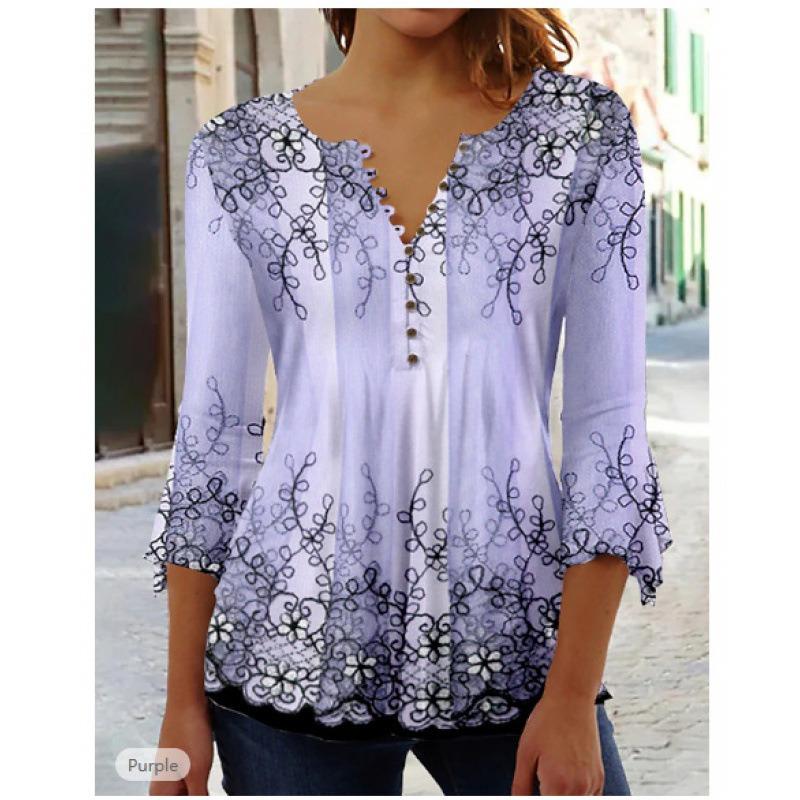 Novamix Women's Fashion Casual Summer Spring 3/4 Sleeves V-Neck Blouses & Shirts