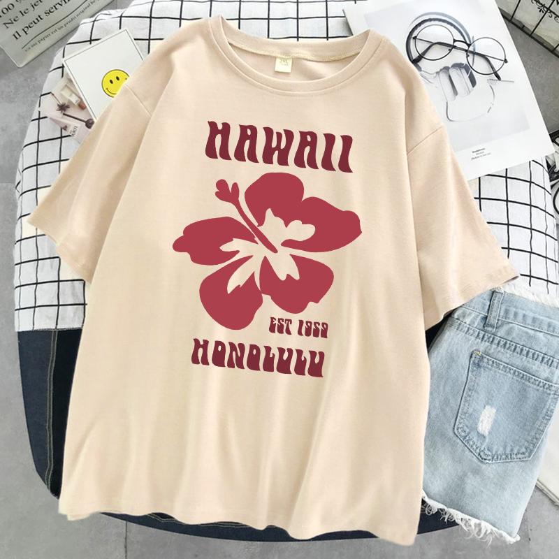 Hawaii Est 1959 Honolulu Print T-Shirt Damen Sommer Rundhals T-Shirts Baumwolle Atmungsaktiv Kurzarm Sport Lässig T-Shirt