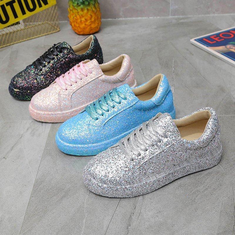 Fashion Plus Size Women's Shoes 2025 Spring Autumn New Style Solid Color Sequins Lace Up Flat Bottom Comfortable Casual Sports Shoes