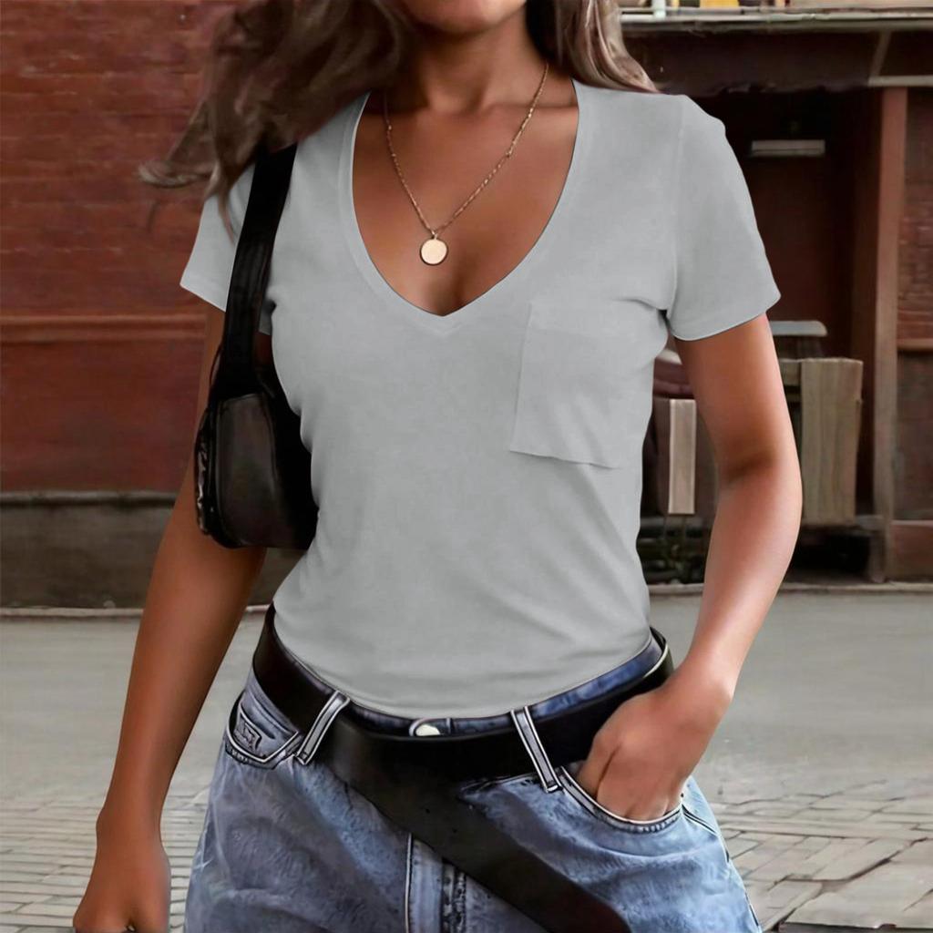 Womens Short Sleeve V Neck T Shirt with Pocket Casual Basic Loose Fit Tee Soft Lightweight Fabric Top