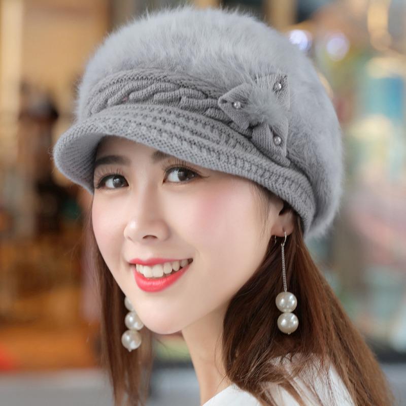Hat Women's Rabbit Fur Elvet Thick Duckbill Hat Trendy Warm Ear Protection Knitted Hat Korean Version Beret Hat Winter Woolen Hat