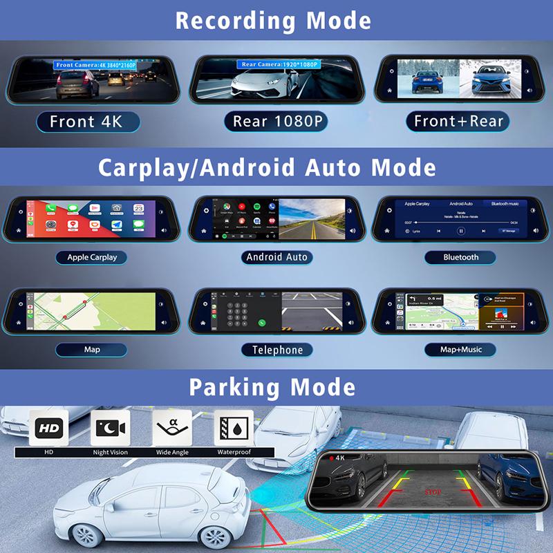 UHD 4K 3840*2160P Car Dvr Carplay Android Auto GPS 5G WIFI AUX Dash Cam Stream RearView Mirror Dashcam Camera Drive Recorder FM
