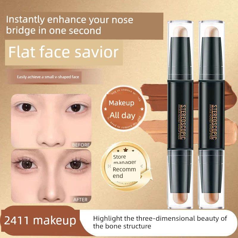 Double-Ended Highlighter and Contour Stick, Dual-Use Facial Contour Pen, Concealer and Brightener, Nose Shadow Highlighter Stick, V-Face Contouring