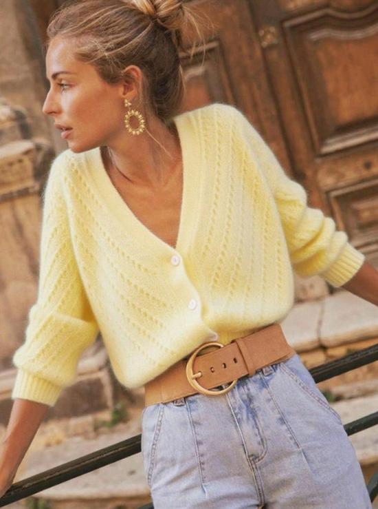 Damen V-Ausschnitt Mohair Cardigan - Langarm, Lochmuster, einfarbige Basis für Frühling & Herbst