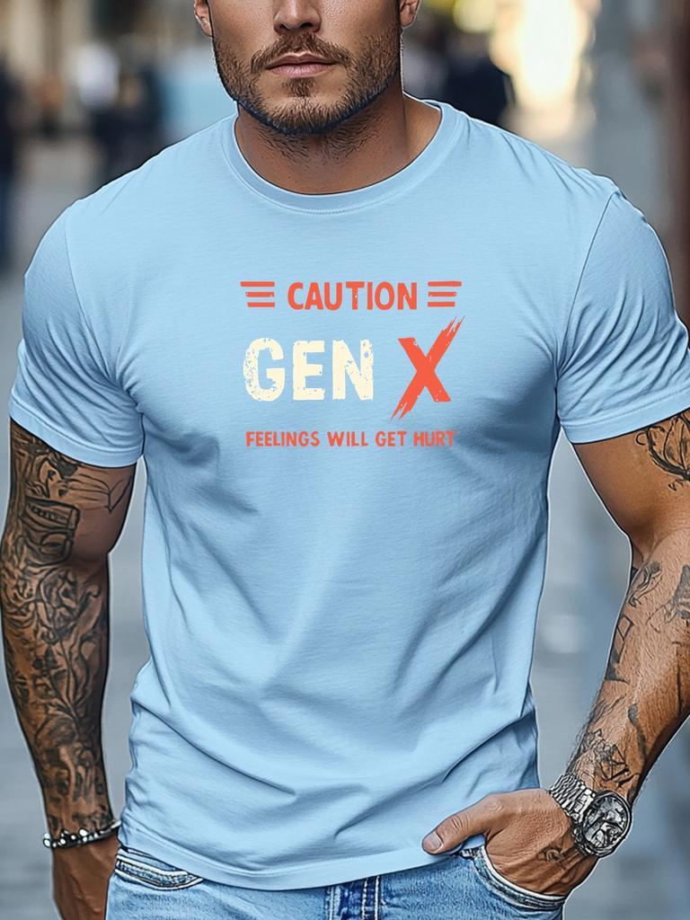 Unisex Navy Crew Neck Tee Caution Gen X Feelings Will Get Hurt Distressed Retro Red White Text Warning Slogan Graphic Soft Short