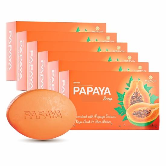 Morvin Papaya Bath Soap Bar - Enriched with Papaya Extract, Kojic Acid & Shea Butter for Dark Spot & Acne Removal – (75gm, Pack of 6).