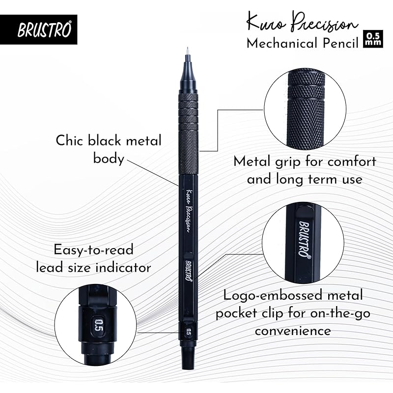 

Brustro Kuro Precision Mechanical Pencil | Tip Size - 0.5Mm With 20 - Hb And 20-2B Leads, 3 Eraser Refills| Ideal For Wr 11 чёрный