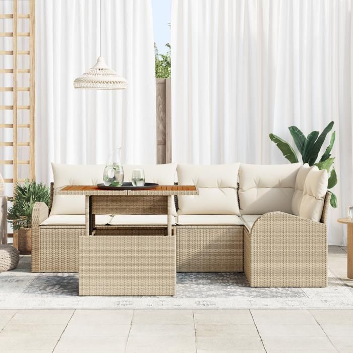 Ensemble de Canapés de Jardin vidaXL 6 pièces avec Coussins Beige Rotin Poly, Canapé de Jardin 2 Places vidaXL 3358325