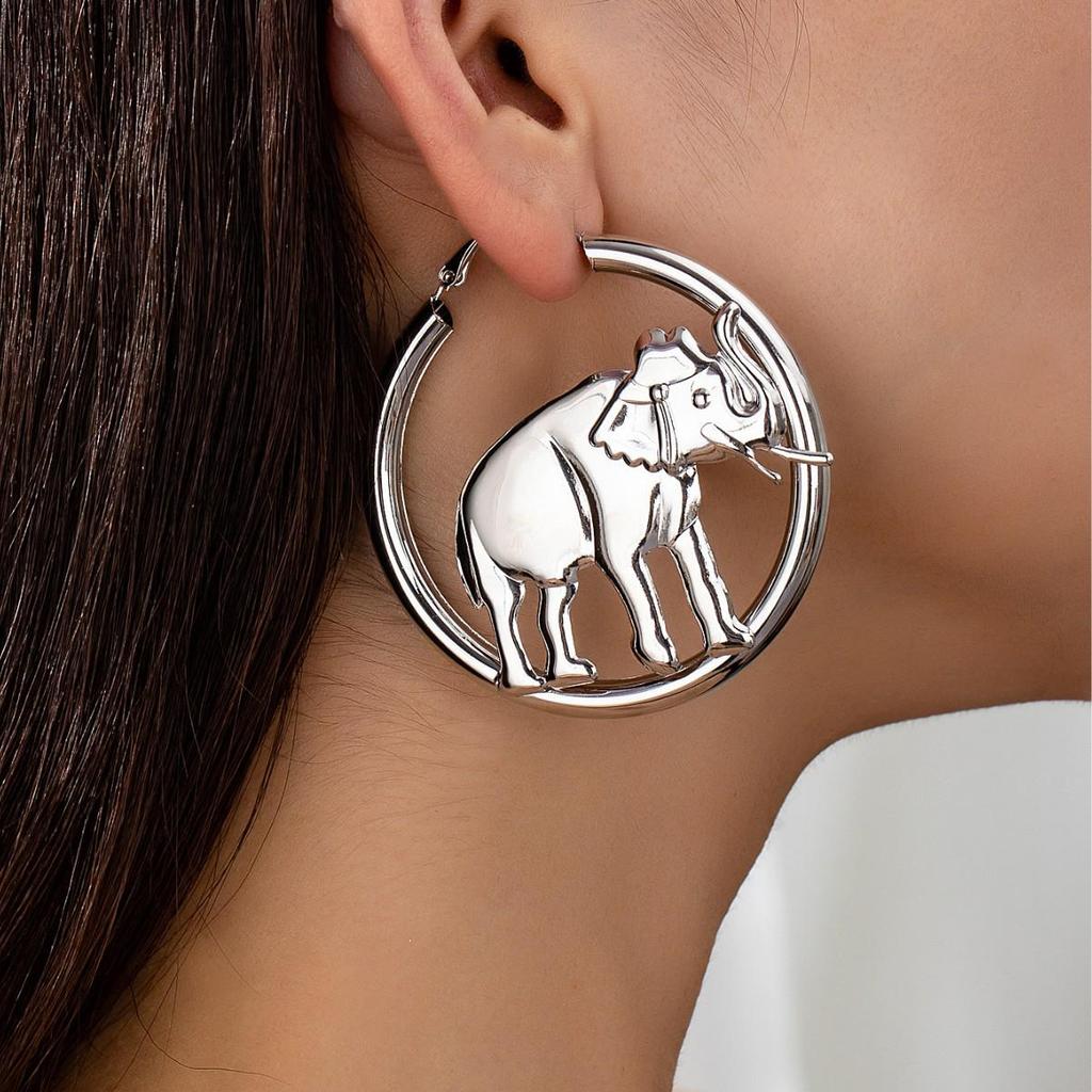 Stylish European-American Elephant Hollow Metal Earrings