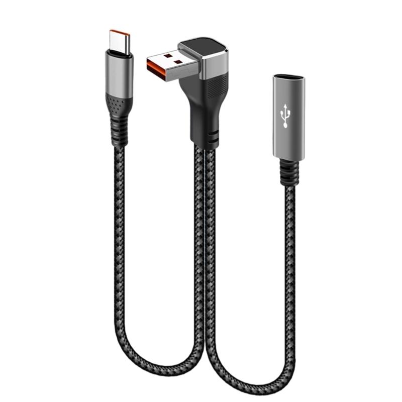 Nylon Braided USB Extension Cord USB to Type c USB Splitter 66W Power Delivery 90Degree Bend Design for Compactly Space