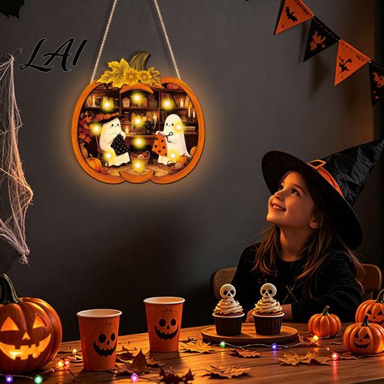 Cool Patterned Ornaments Halloween Door Sign Glowing Ghost Hanging Decor Wooden LED Window Reusable Party Supplies Ornament for Party Spooky