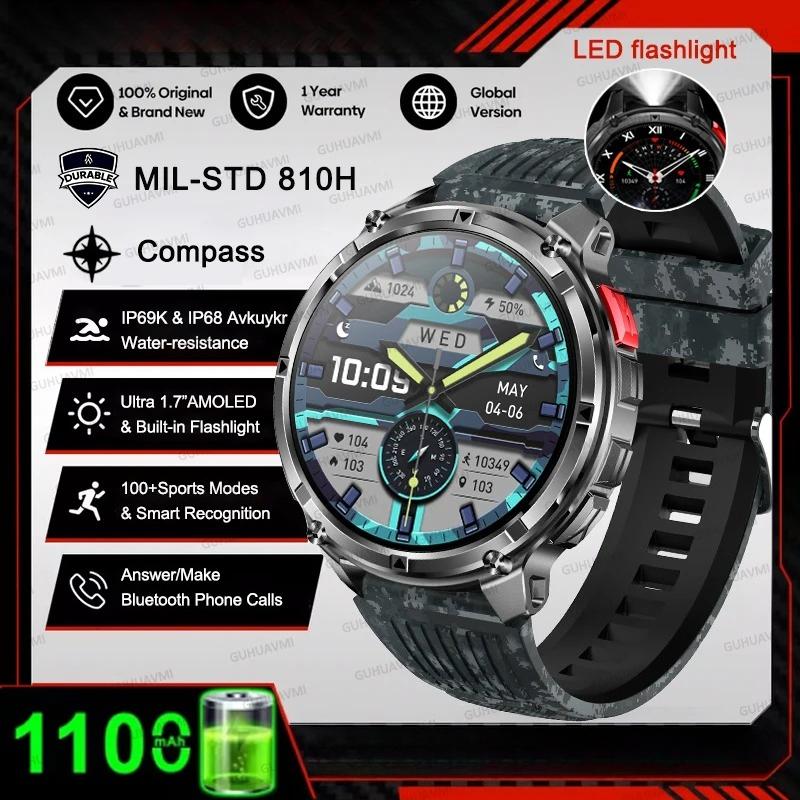 2026 New Military 1100mAh Battery Smart Watch 1.7" AMOLED Screen Compass GPS Flashlight Bluetooth Call Waterproof 5ATM Swim Smartwatch Men