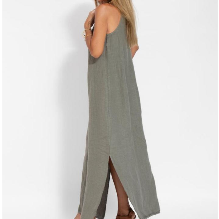 Ženy Sexy ohlávkový límec Oblečení bez rukávů Ležérní Bavlna Povlečení Dělené Špagety Popruh Dlouhé maxi šaty
