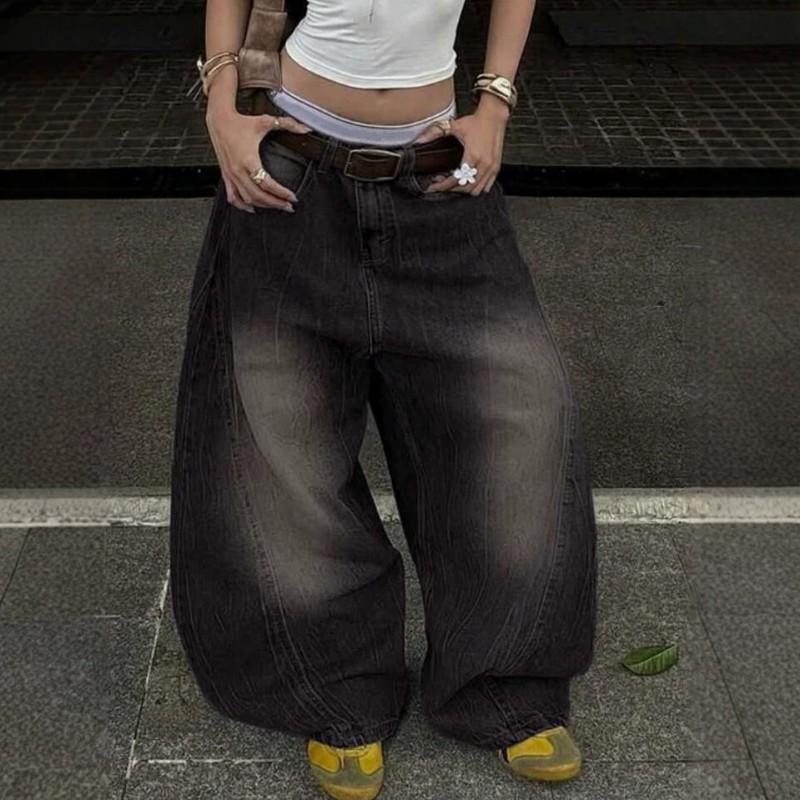 Womens Oversized High-Waist Distressed Washed Denim Wide-Leg Straight Jeans Streetwear Loose Fit