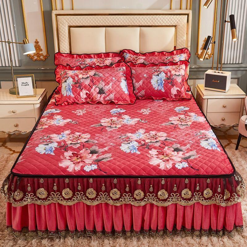 High Grade Winter Crystal Velvet Thicken Quilted Bedspread King Queen Size Flannel Quilting Bed Skirt Including Pillowcase