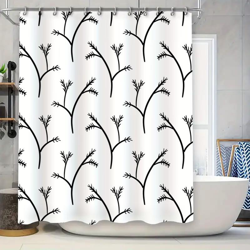 

Modern Black Tree Branches Print Shower Curtain for Bathroom Decor White with Green Trim 90x180cm