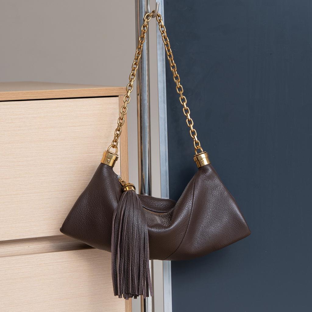 Genuine Leather Shoulder Bag Niche Design Tassel Chain Underarm Bag Women's Bag Crossbody Bag Fashion Soft Top-Grain Cowhide