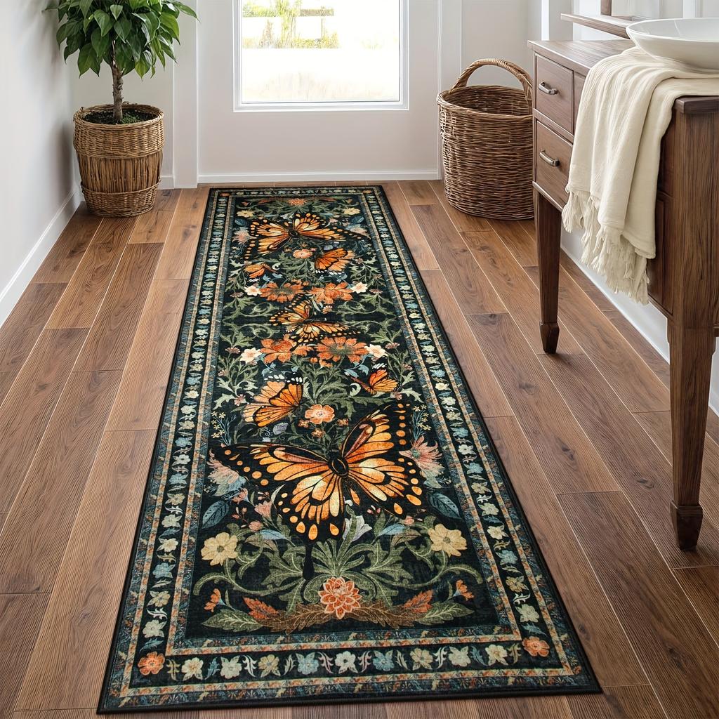 Vintage Butterfly Flower Runner Rug Non Slip Long Carpet for Entryway Hallway Bedroom Retro Boho Home Decor Durable Easy Clean