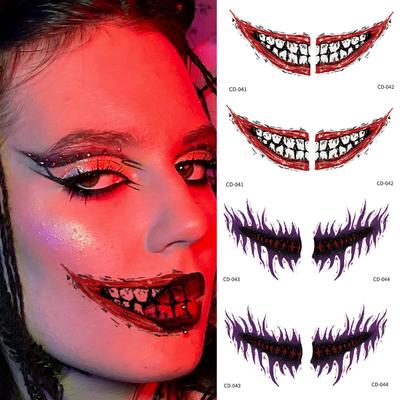 12 Sheets Halloween Temporary Tattoos For Women Horror Big Mouth Design Face Stickers Waterproof Mask Party Makeup Art Tattoo