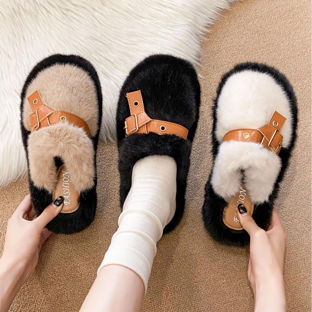 Internet Celebrity Bag Head Half Slippers Women's Outer Wear 2025 Autumn and Winter New Heightened Thick-soled Fluffy Shoes Home Warm Cotton Mop