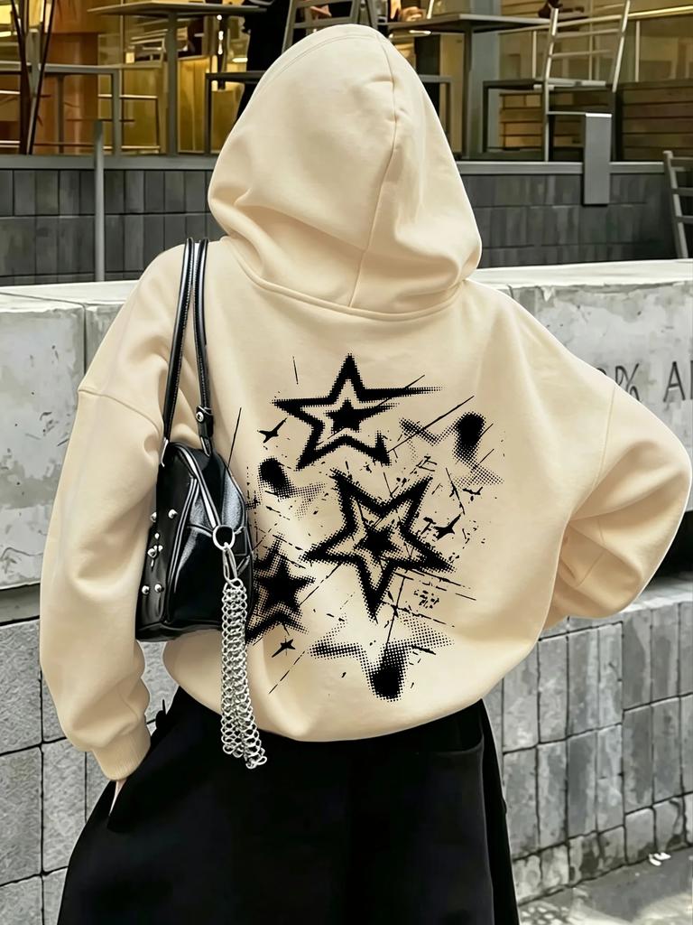 Men's Grunge Star Sports Hoodie Splash Ink Print Light Gray Oversized Pullover Streetwear Sweatshirt Spring Autumn