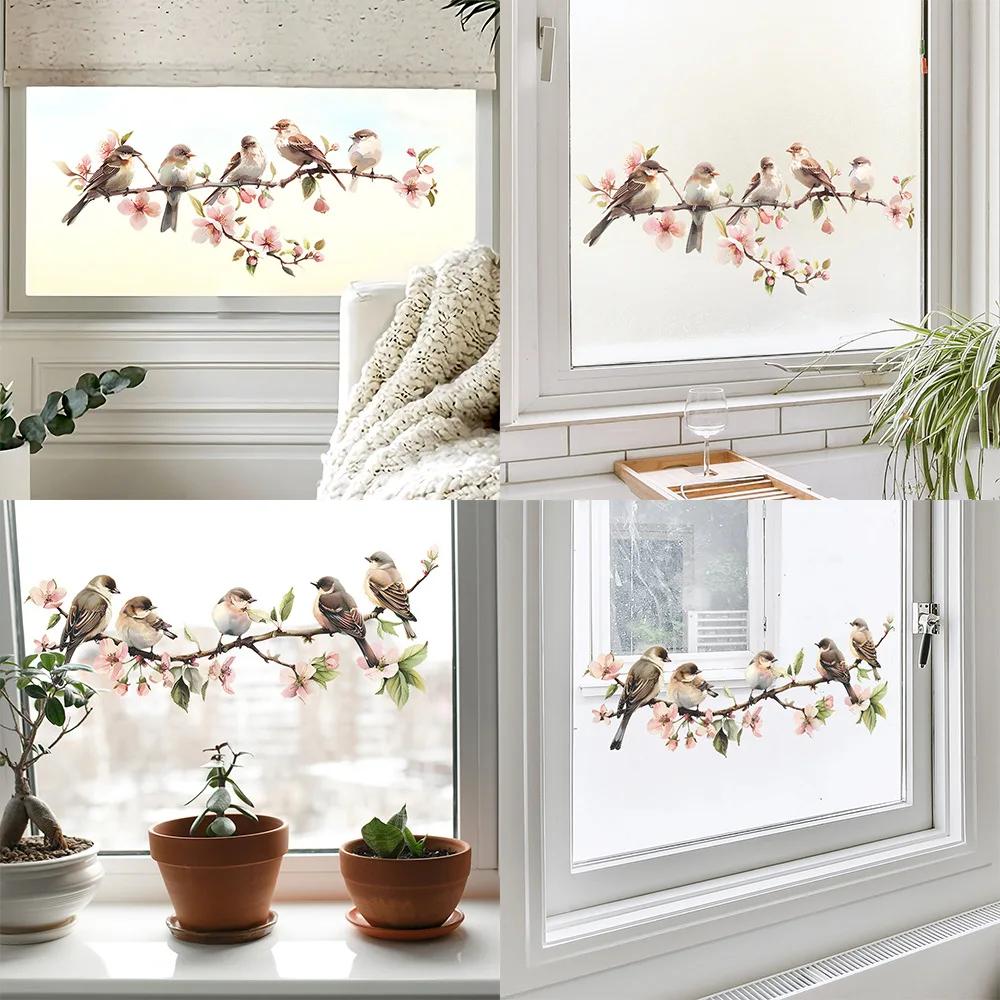 PVC Decorative Flower Birds Sticker Static Window Decor Vinyl Art Spring Flowers Glass Wall Decal for Home Bathroom Decoration