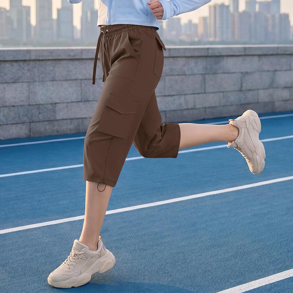 Women Casual Solid Color Loose Fit Sport Cargo Capri Pants with Elastic Waist and Adjustable Drawstring for Outdoor Activities