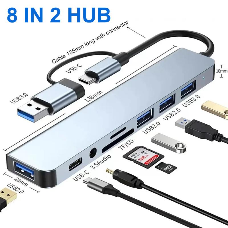 

Laptop Tablet Phone Disk Converter 8 in 2 USB +Type C HUB Docking Station with 3.5mm Audio Jack Adapter Micro SD Card Reader