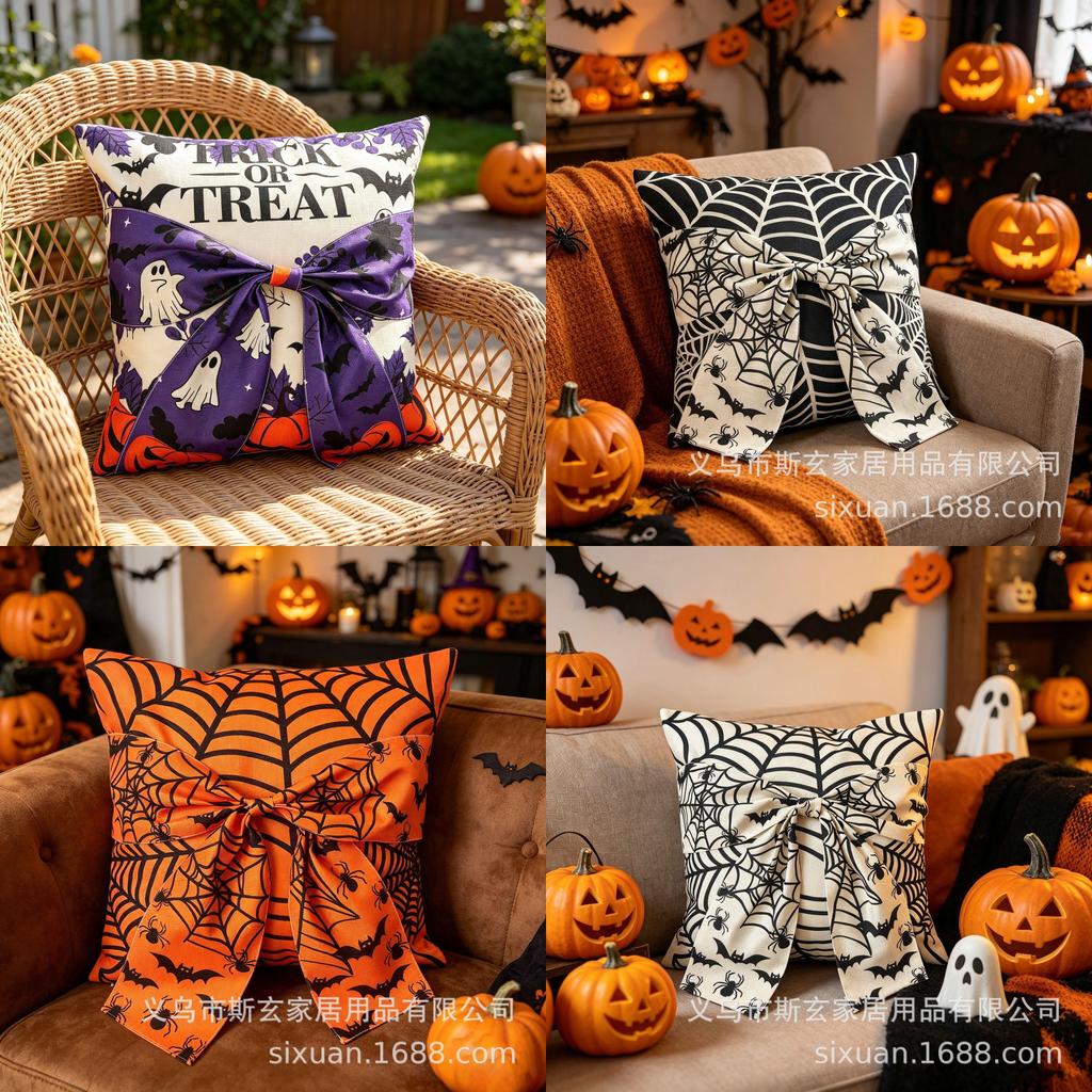 Halloween Pillow Cover With Ghost And Spider Web Design For Living Room Decor