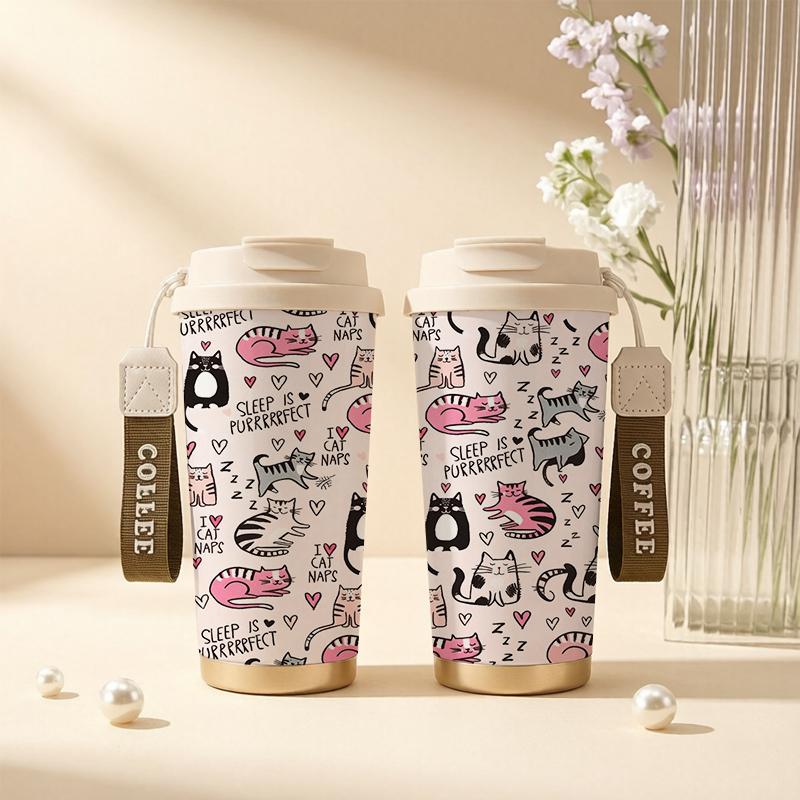 532ml Coffee Mug Sleeping Cat & Heart Elements Lanyard Insulated Cup Gift Cup Handheld Cup Lightweight Cup Leakproof Coffee Cup
