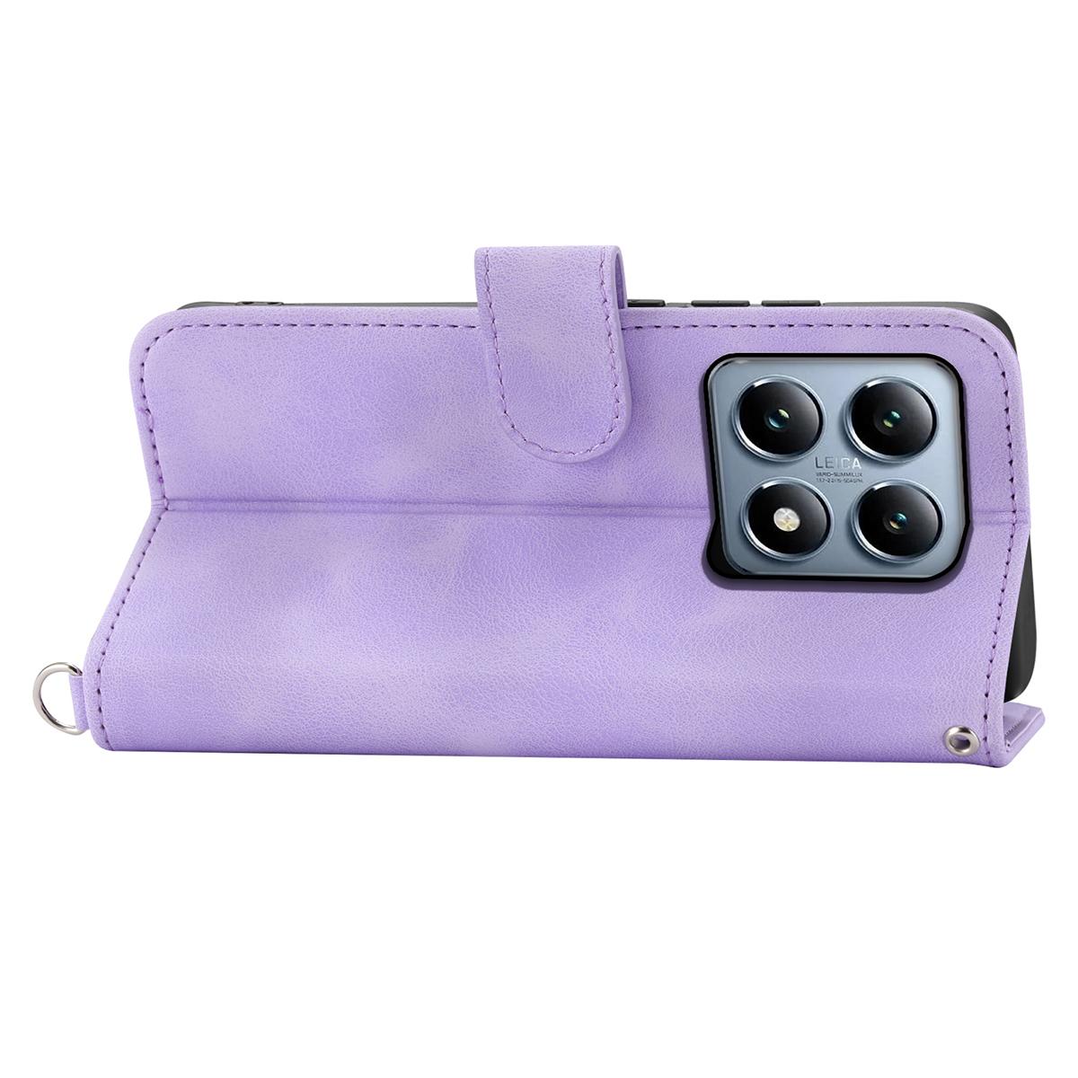 

For Xiaomi 14T Pro Case Flower Pattern PU Leather Wallet Phone Cover with Strap Light Purple