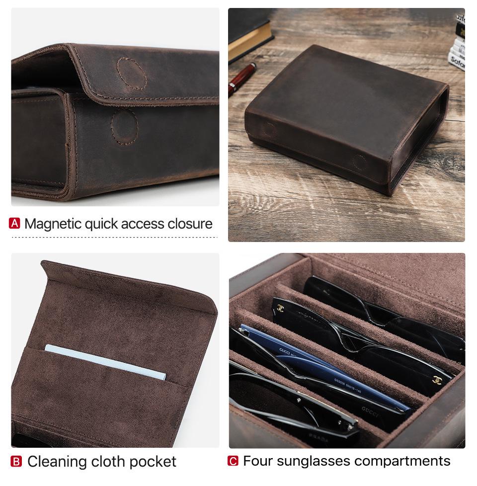 Set of 4 Handmade Vintage Crazy Horse Leather Eyeglass Cases with Magnetic Snap Closure