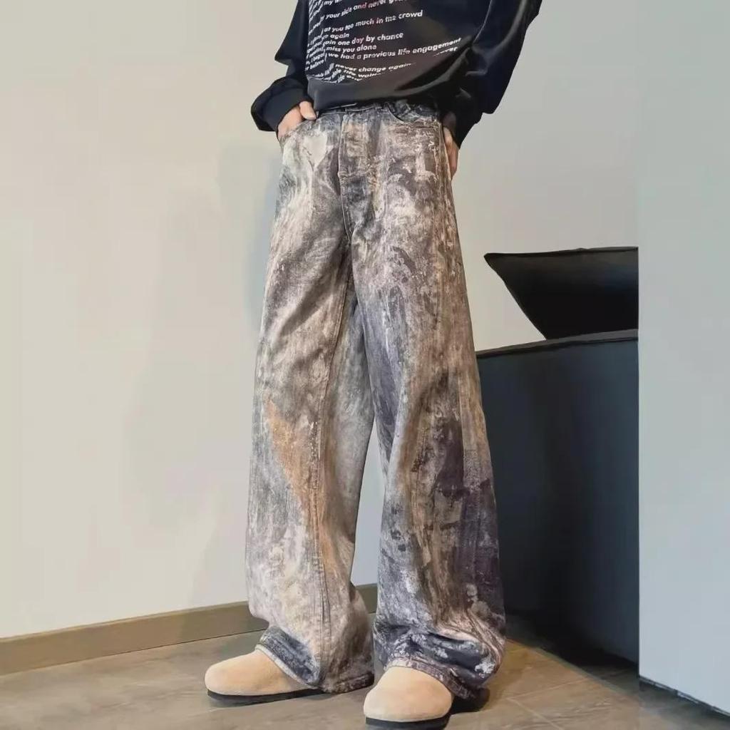 Unisex Hüftjeans mit weitem Bein, 3D-Camouflage und Tintenklecks-Print