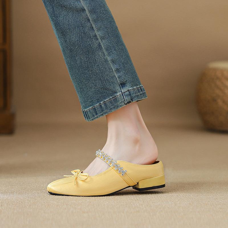 Silk Rhinestone Bow Square Head Heightening Bag Head Half Slippers Women Wear New Thick Heel Cool Slippers